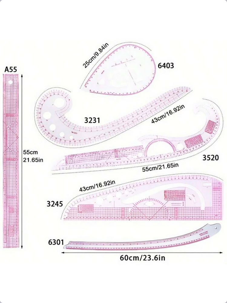 Empire sewing ruler and French curve, used for pattern making drafting, transparent plastic fashion designer ruler pieces assemb
