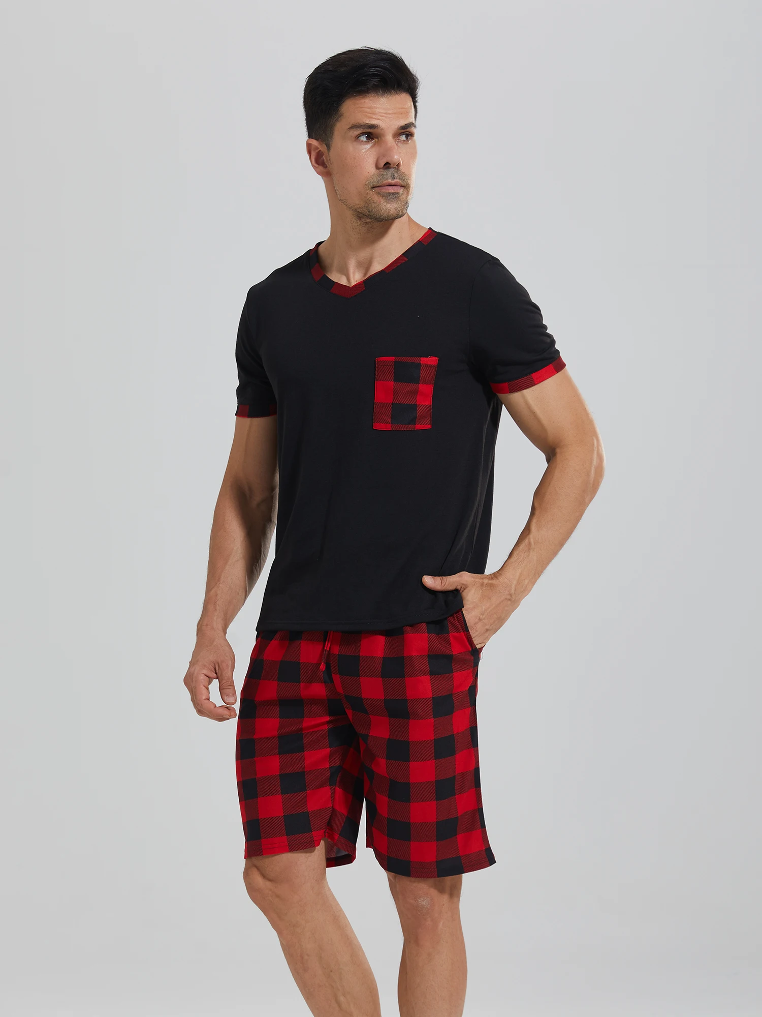 Conjuntos de pijama masculino manga curta xadrez pijamas para homem conjunto de pijama macio lounge pijamas calças pj com bolsos shorts com cordão camisas