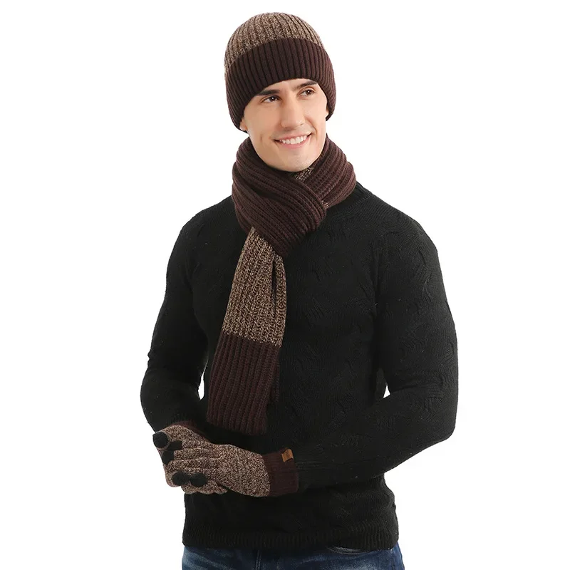 Modetrend Schal Hut Handschuh für Männer und Frauen Winter Luxus gestrickt verdickt warm dreiteilig Set Kleidung Accessoires Geschenke