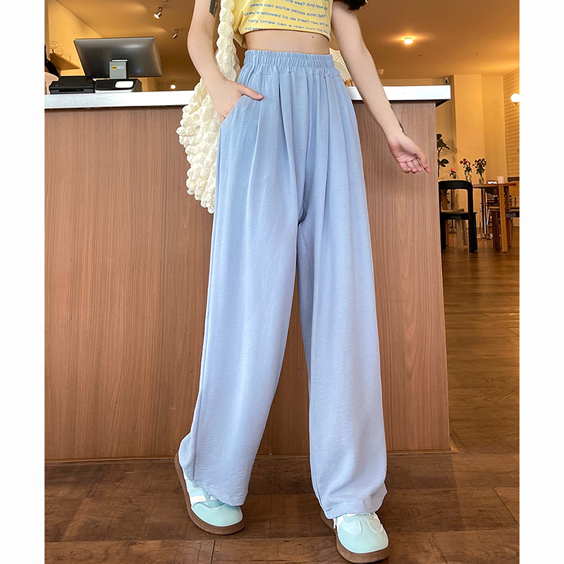 Summer Women Sweet Colorful Ice Silk Pants Lady Baggy Versatile Elastic Straight Leg Trousers Female Wide Leg High Waisted Pants