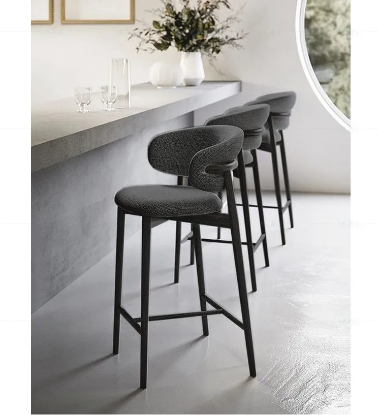 Nordic bar Furniture Modern Solid Wood Frame High bar Stool Withe Linen Fabric bar Stools Chair with Curved Backrest for Kitchen