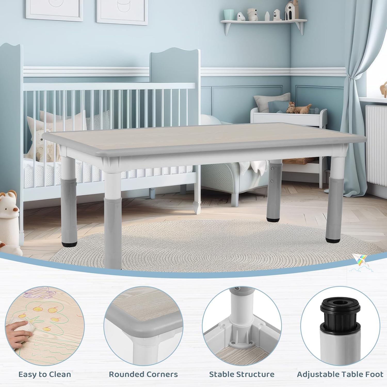 Kids Study Table and 6 Chairs Set, Height Adjustable Graffiti Table, Preschool Activity Art Craft Table for 6,