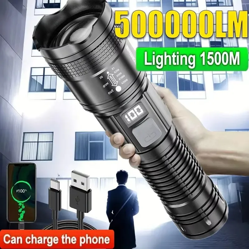 Linterna superbrillante con batería incorporada Linternas LED recargables USB C 500000 Lámpara de antorcha LM de alta potencia para linterna de camping