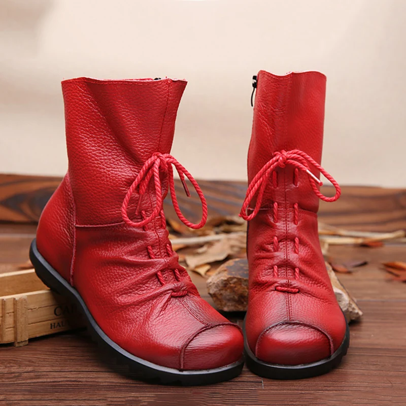 Botines de cuero de vaca genuino para mujer, botas de plataforma con cremallera lateral a la moda para otoño e invierno, zapatos planos para mujer 2024