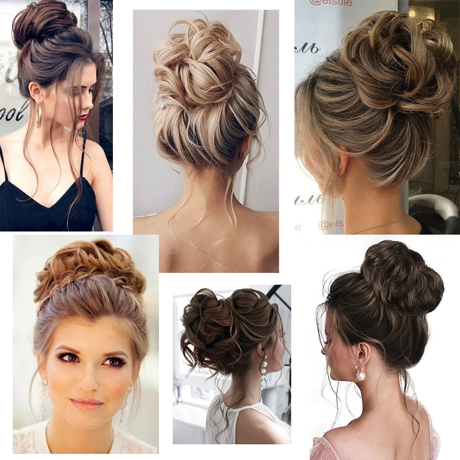 Moño de pelo rizado, moño de pelo sintético, bandas elásticas, cola de caballo, extensión de cabello rizado, pelo corto, cola de caballo de Donut desordenada para mujer