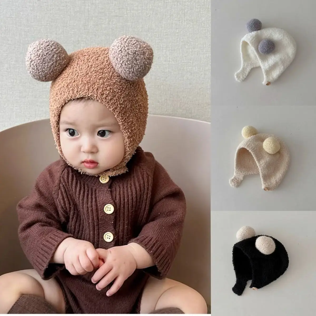 Bonito inverno quente crianças menina meninos chapéus do bebê lã bainha bonés com bola de lã sólida proteção de orelha chapéus macio recém-nascido bonnet