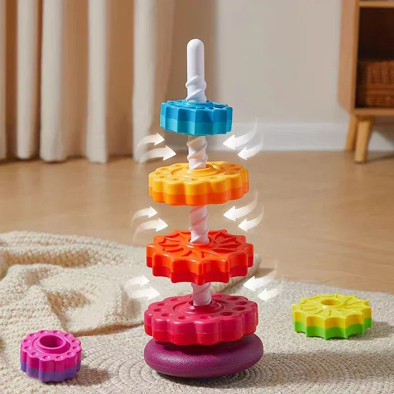 Baby cognition rainbow spinning tower toy funny Montessori early education geometric ring stacking block Sensory Toy for Toddler