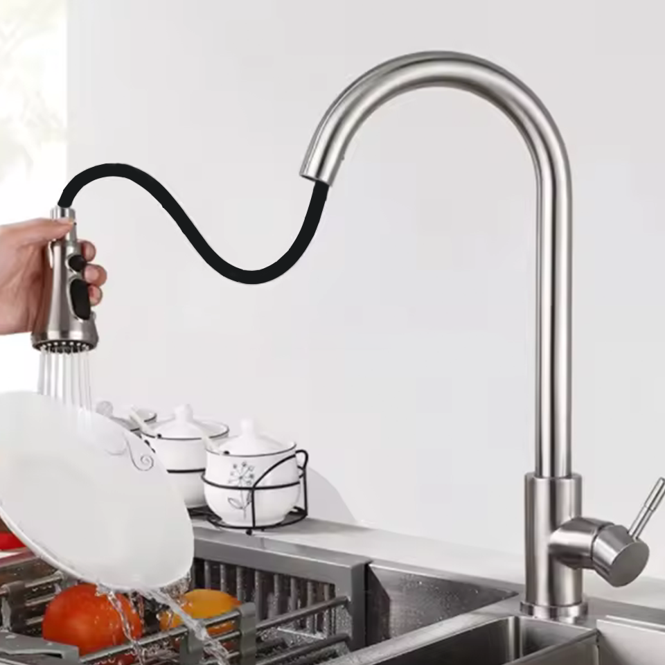 Kitchen Brushed Hot and Cold Faucet, Kitchen Sink Pull-out Kitchen Faucet with 3 Functional Nozzles
