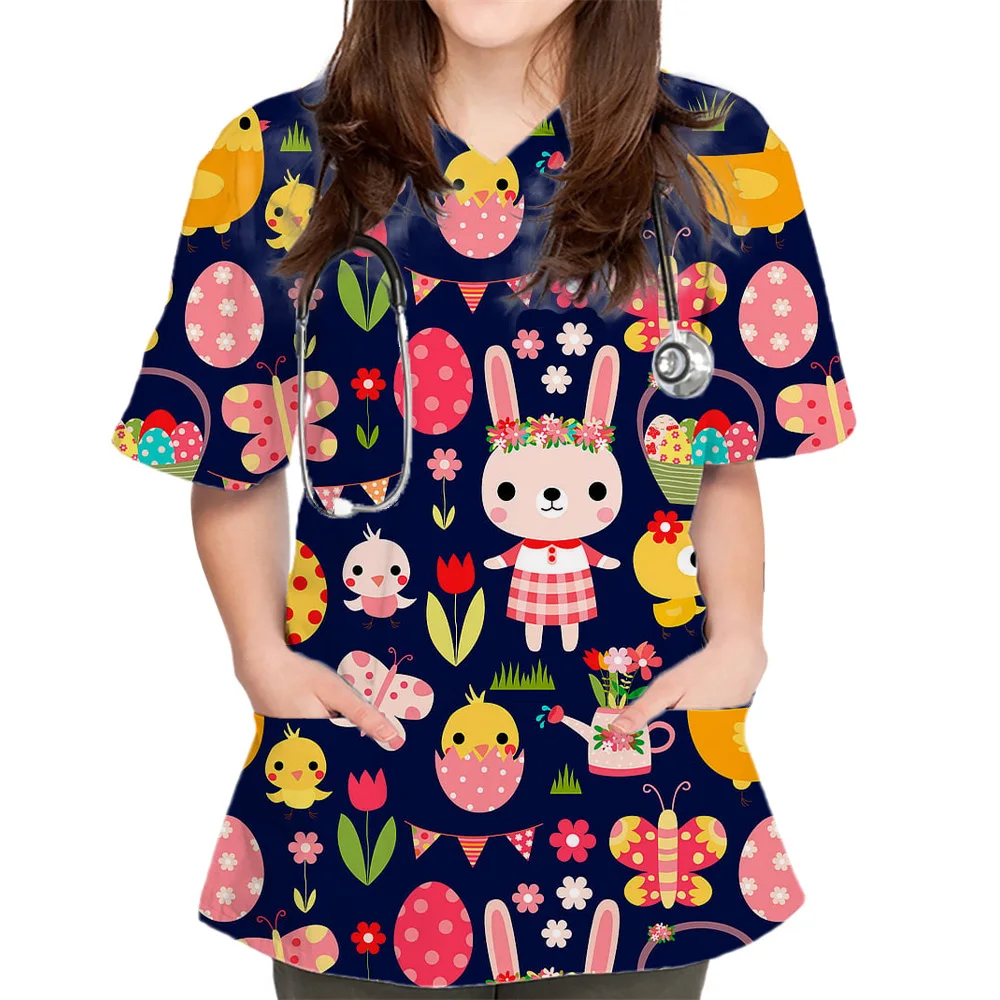 Uniforme médical de gIslande à col en V imprimé lapin mignon de dessin animé pour femmes, poche patchée, manches courtes, générateurs de soins infirmiers en Y