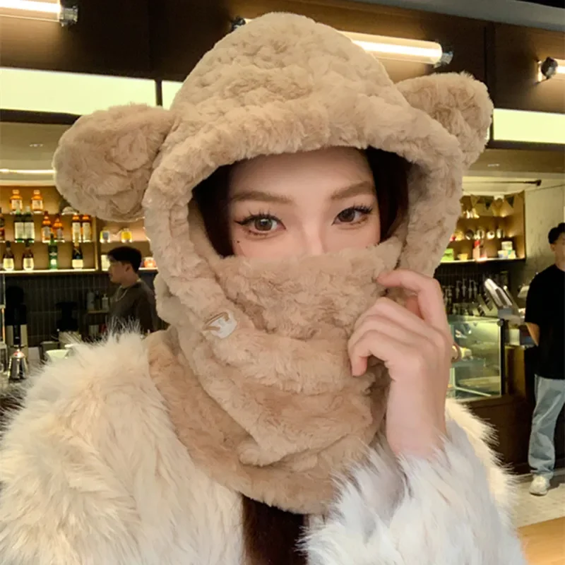 Gorro cálido de invierno para mujer, conjuntos de bufanda de felpa gruesa todo en uno, gorro con orejas de oso Kawaii, bufanda a prueba de viento, gorro con capucha y protección para los oídos