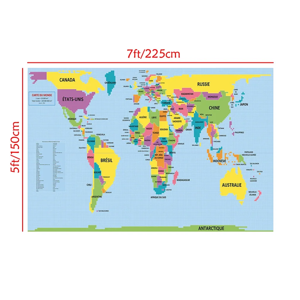 Póster francés del mapa del mundo, lienzo no tejido, pintura decorativa de pared, imagen colgante, suministros escolares para el hogar, 225x150cm