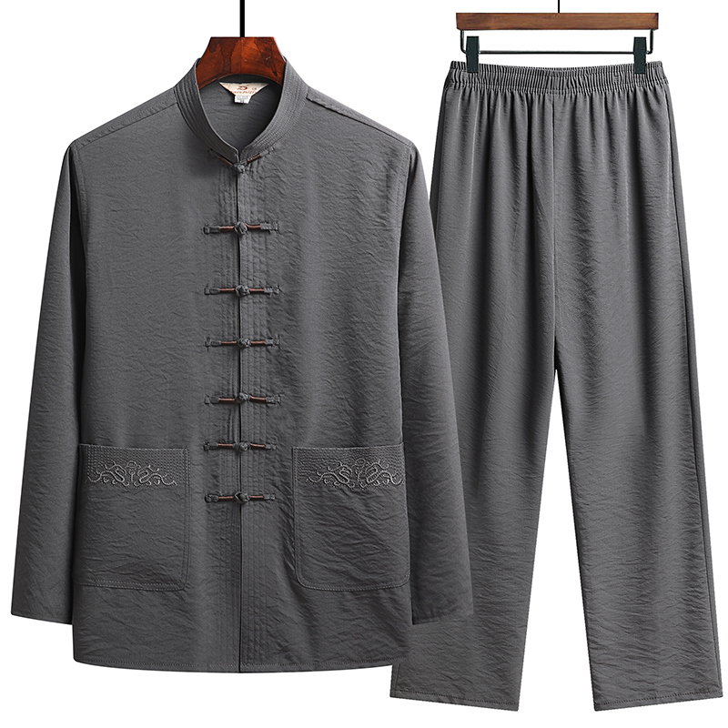 Conjunto de roupas tradicionais chinesas homem outono linho fivela kung fu camisa oriental retro calças superiores tai chi uniformes respiráveis hanfu