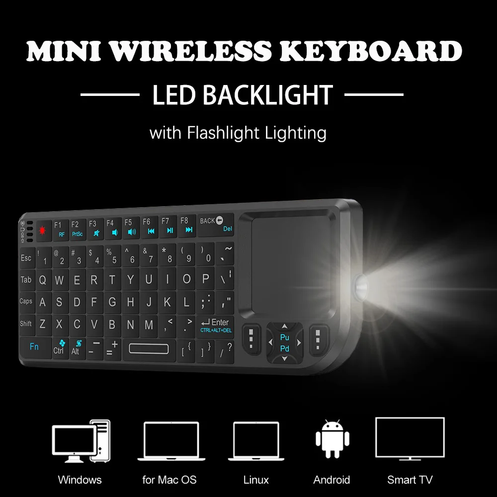 2,4 G kabellose Tastatur mit 7-Farben-Hintergrundbeleuchtung, Touchpad-Maus und Taschenlampe – tragbar, anwendbar – perfekt für PC-Smart-TV-Box