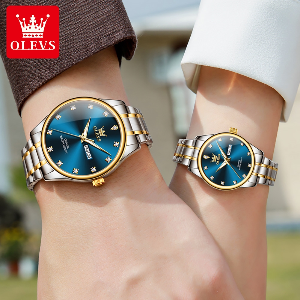 OLEVS-relojes para parejas, conjunto de relojes de cuarzo para hombres y mujeres, reloj de moda con diamantes y fecha para el día, resistente al agua, regalo para parejas 3612