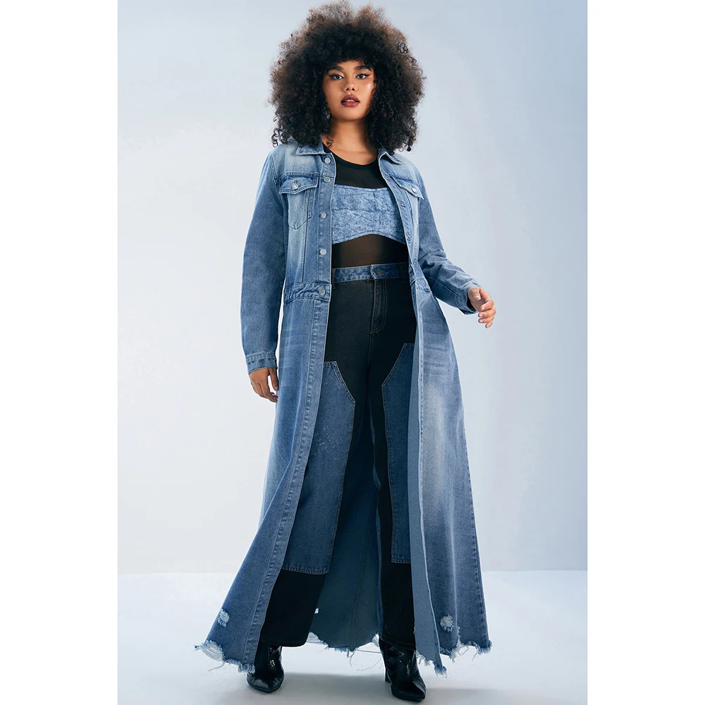 Abrigo largo informal de talla grande para mujer, azul claro, Cuello de camisa, rasgado, ajustado, Denim, Otoño e Invierno