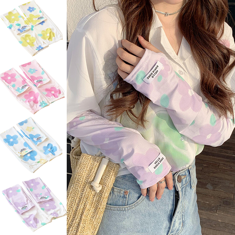 女性のための花柄のアームスリーブ、サイクリングアンチバーン日焼け止め、クールマフアームカバー、屋外日焼け止め、アイスシルクスリーブ、1ペア