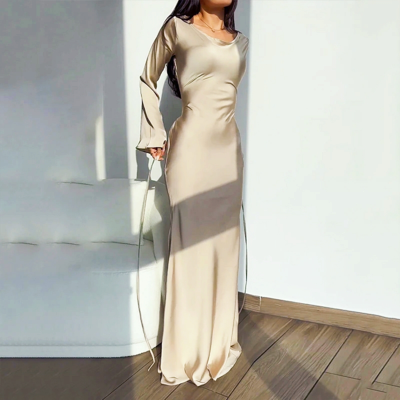 Robes pour femmes 2025 nouvelles robes longues mode Simple col rond Satin manches évasées à lacets mince robes de soirée robe Sexy