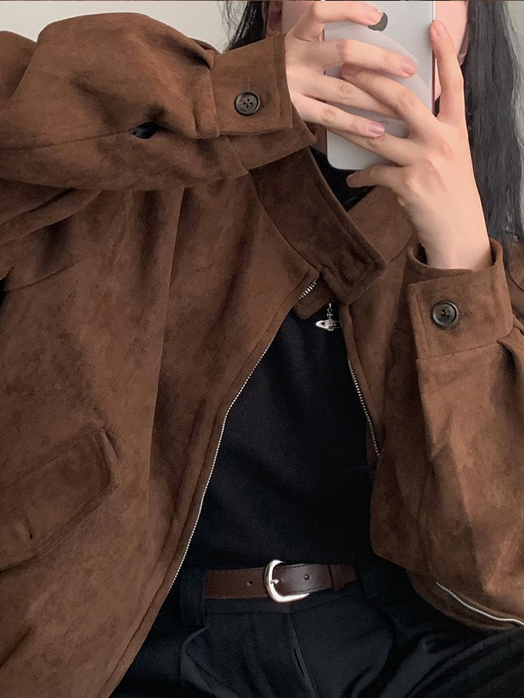 Jaqueta E Vintage de Camurça com Estampa de Veado para Mulheres, Casaco Solto de Crimento Médio com Gola Alta, Esti...