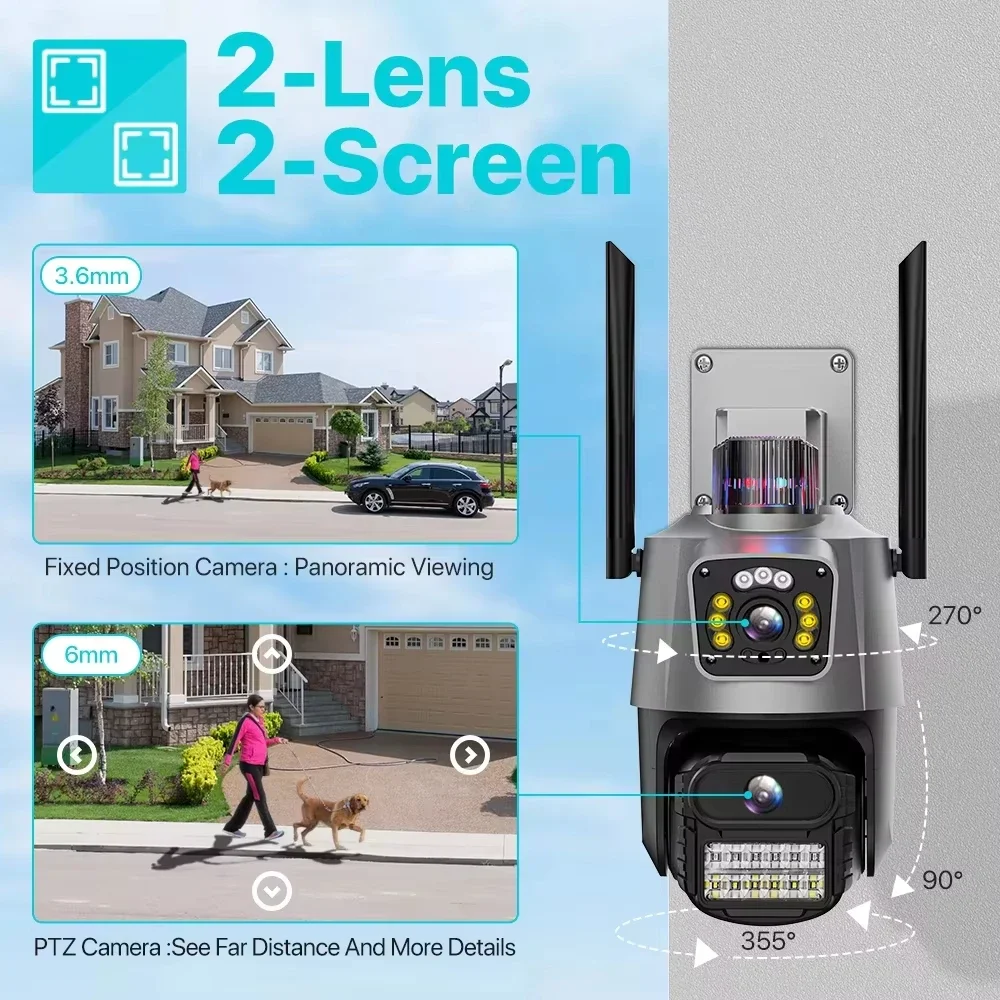 Caméra extérieure Wifi PTZ 4K 8MP HD double objectif double écran caméra AI suivi automatique 4MP Surveillance vidéo alarme de lumière de Police iCSee
