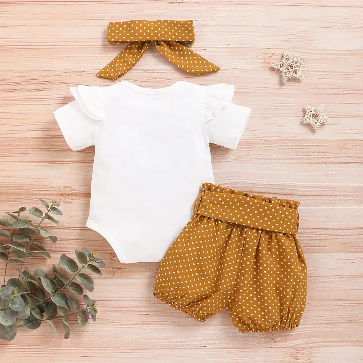 Roupas para bebês recém-nascidos de 0 a 18 meses, macacão com bolinhas e cintura elástica, faixa infantil com nó de laço, 3 peças, conjunto casual fofo
