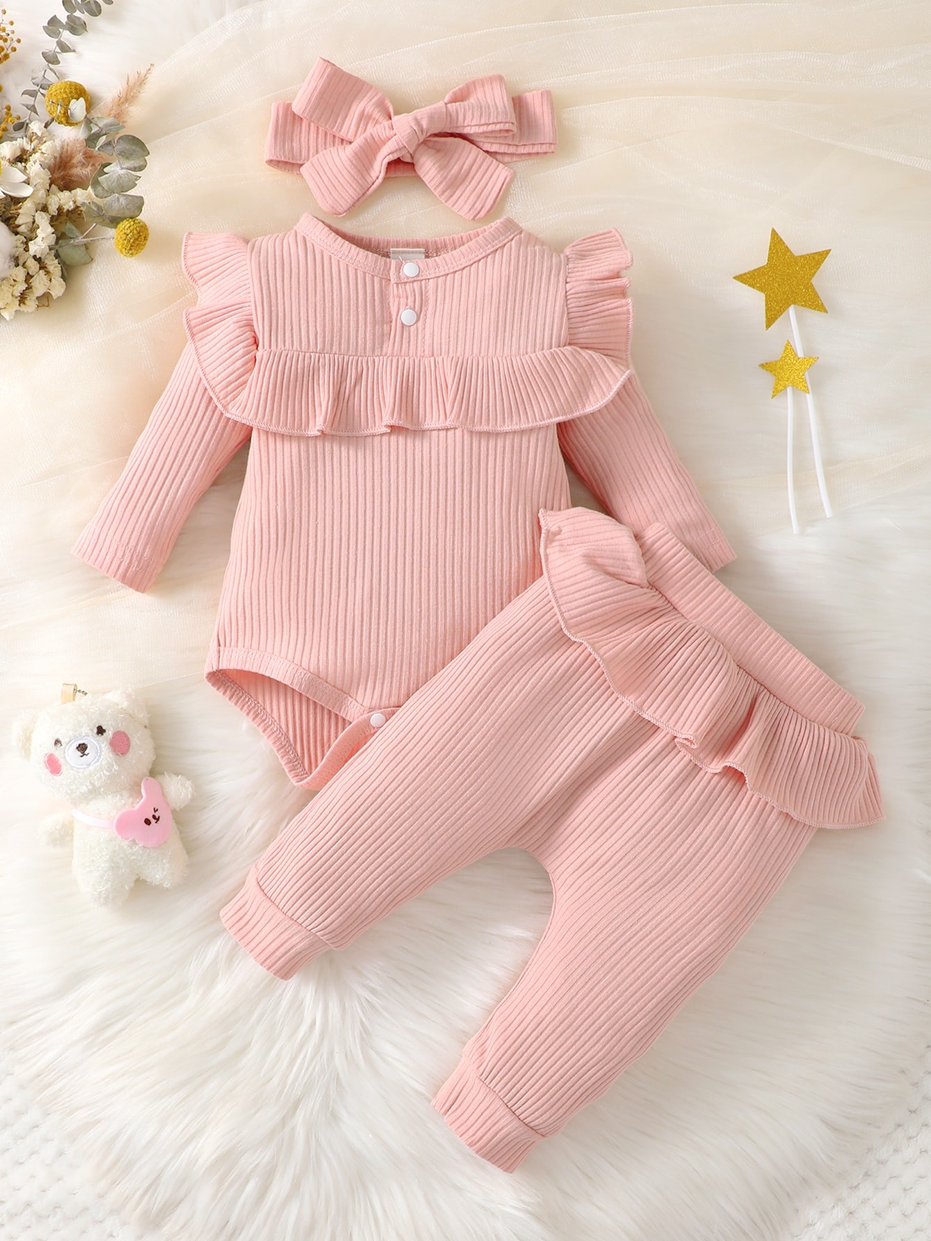 ฤดูใบไม้ผลิและฤดูใบไม้ร่วงเด็กผู้หญิง Ruffle Trim บอดี้สูทและกางเกงและแถบคาดศีรษะ