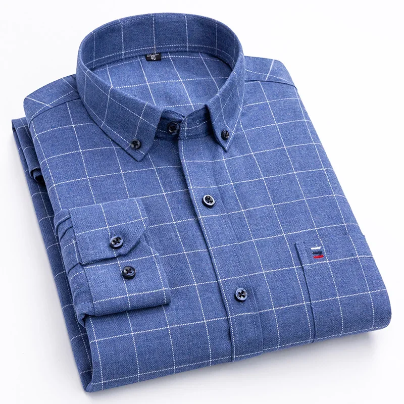 New in shirtplus size 7XL 100%cotton sanding long-sleeve shirts for men slim fit plain shirt striped plaid single pocket clothes