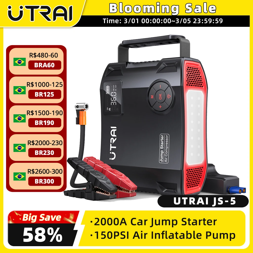 UTRAI 4 em 1 2000A Jump Starter Power Bank 16000mAh 150PSI Compressor de ar Bomba de pneus Carregador portátil Dispositivo de partida de reforço de carro