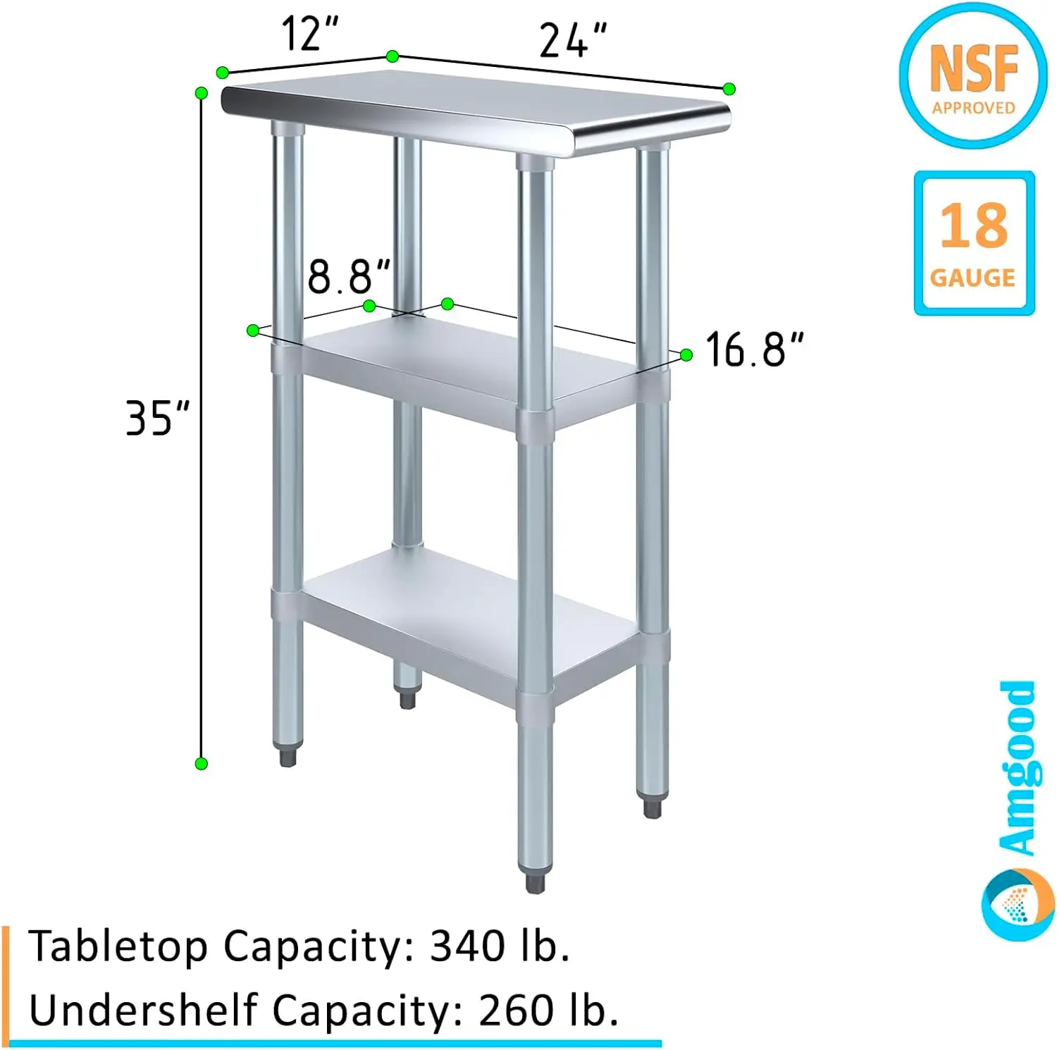Stainless Steel Work Table with 2 Shelves | NSF | Metal Utility Table (12" Long x 24" Deep)