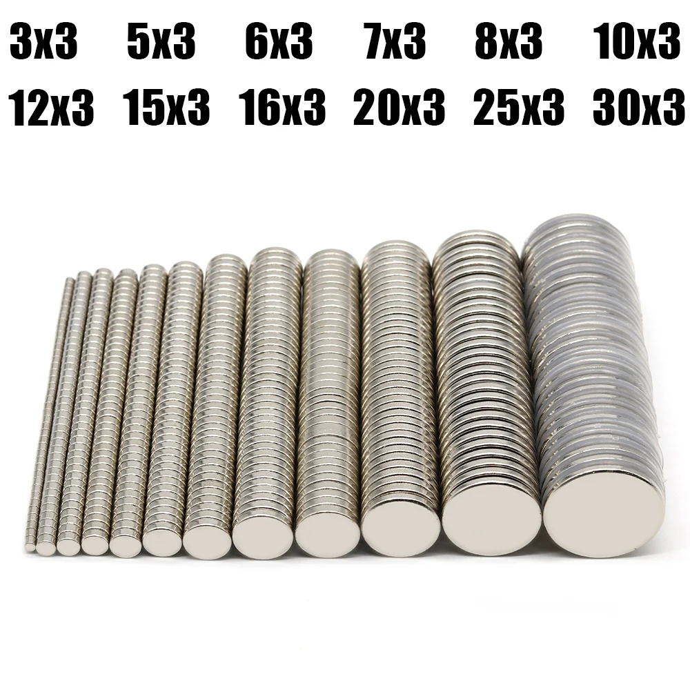 Imán redondo fuerte 3x3/5x3/6x3/8x3/10x3/15x3/16x3/20x3/25x3/30x3mm N35 imán magnético de neodimio NdFeB potente para refrigerador