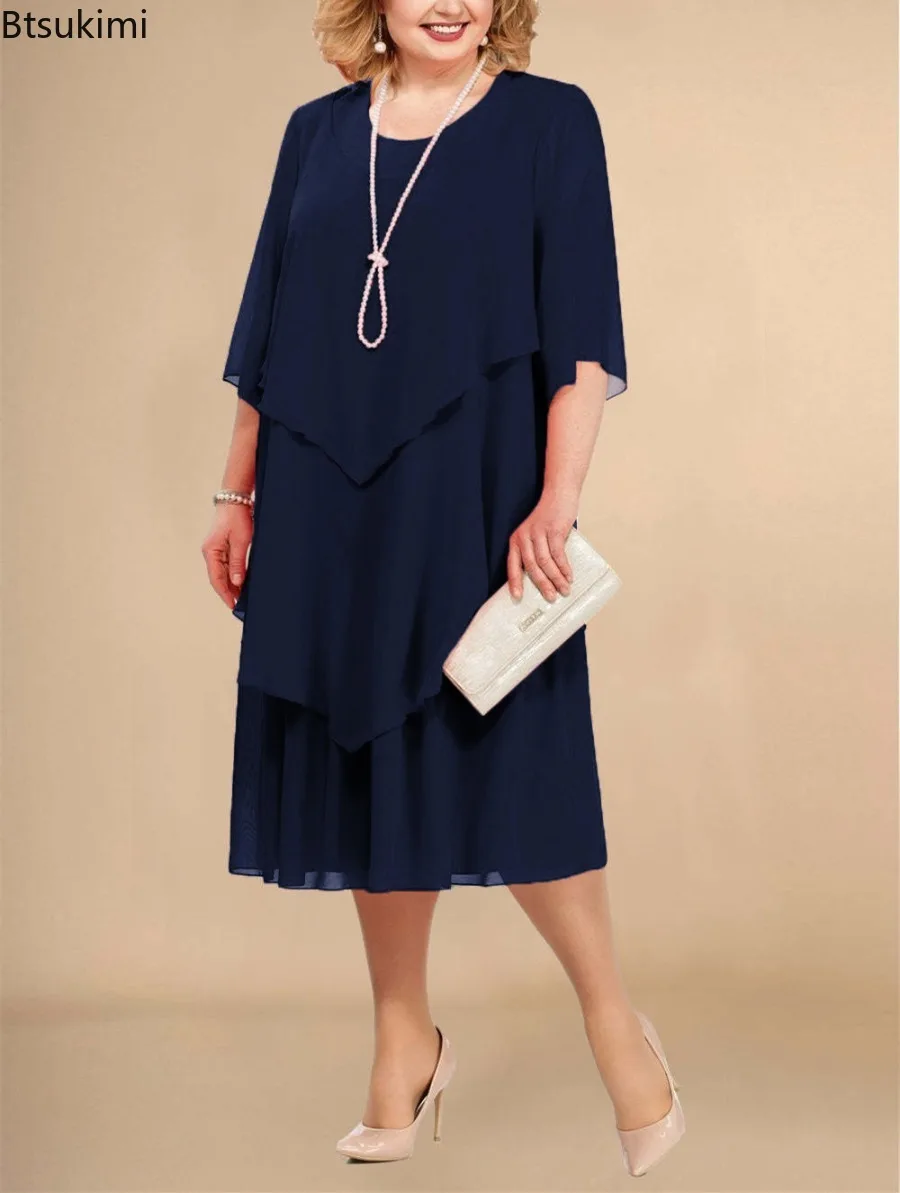 Plus Size Elegantes Chiffonkleid Damen Unregelmäßiger mehrlagiger Saum Fließendes Midikleid Mode Party Hochzeit Gast Sommer O-Ausschnitt Kleider