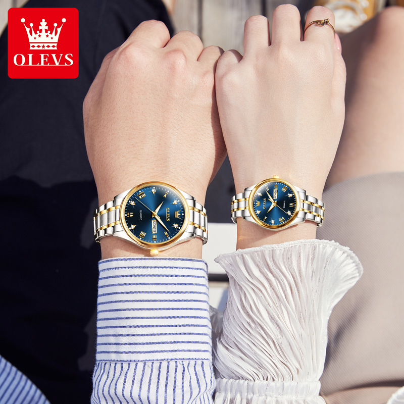 OLEVS-impermeável luminosa Quartz relógio de pulso, relógios casal, moda simples, original, mostrador numeral romano, dele e dela, 5563 Set