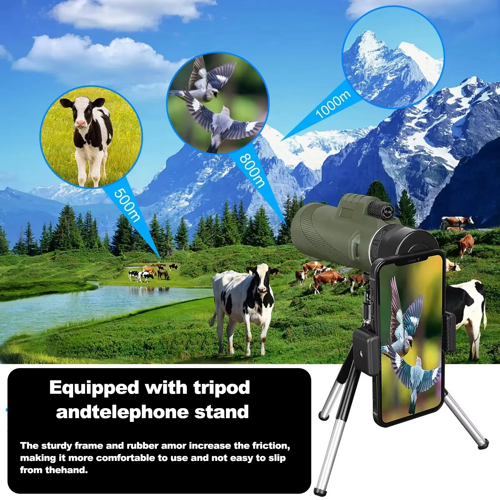 Telescopio monoculare 80x100 con treppiede e clip per telefono con confezione regalo colorata per escursioni in campeggio all'aperto