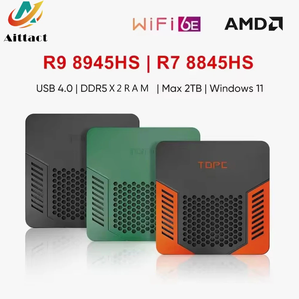 Aittact Pocket Mini PC Gamer TOPC AMD Ryzen 9 8945HS R7 8845HS 2xDDR5 USB4.0 NVMe 2 LAN Windows 11 Computador para jogos WiFi6E BT5.3