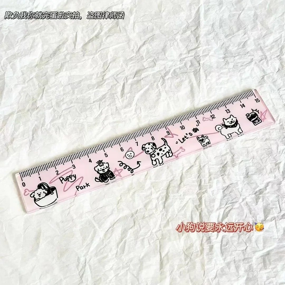 Ins carino cucciolo bianco nero rosa righello traslucido set da 4 pezzi ragazza kawaii triangolo righello goniometro righello studente di cancelleria