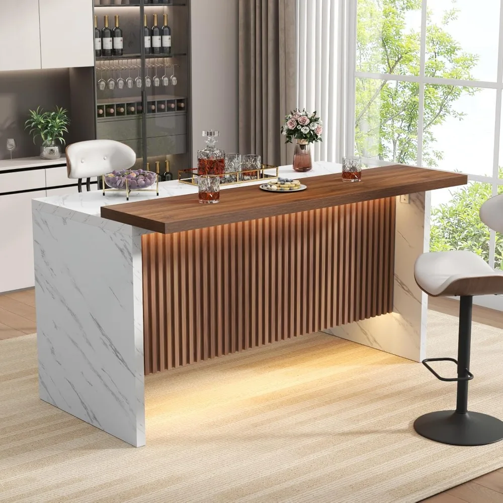 63" Large Imitation Marble Bar Table,Island Table with LED Lights,Mordern Marble Stripes Freestanding Mini Bar with Grille desig