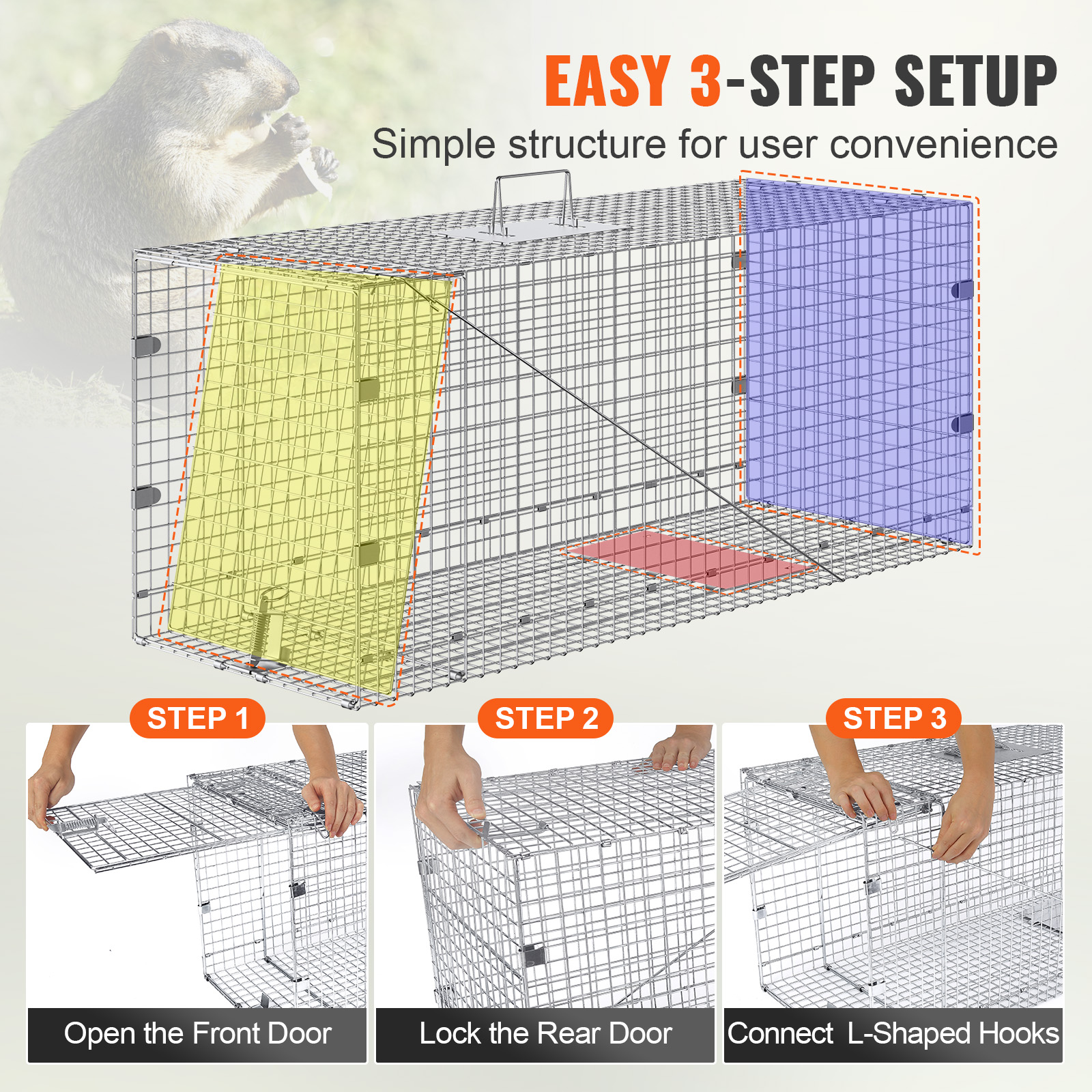 VEVOR-Live Animal Cage Trap, Folding Humane Cat Trap, Ferro galvanizado com alça para coelhos esquilos e marmota, 24 polegadas, 31 polegadas, 42 polegadas, 50in