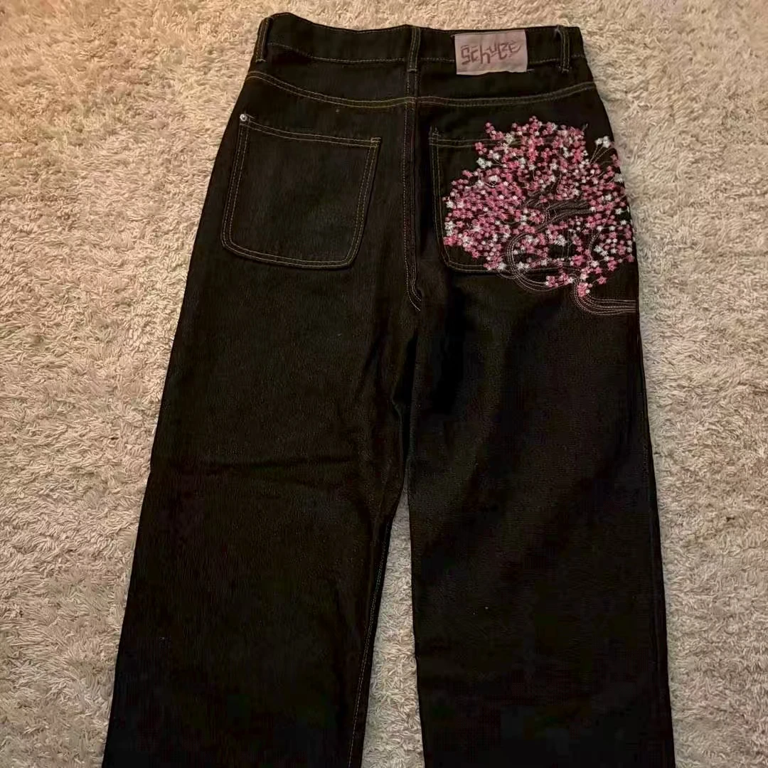 Y2K 2000s Cherry Blossom Pocket Embroidery Fashion Hip Hop Loose Men And Women Clothing Retro Casual Wide Leg Streetwear