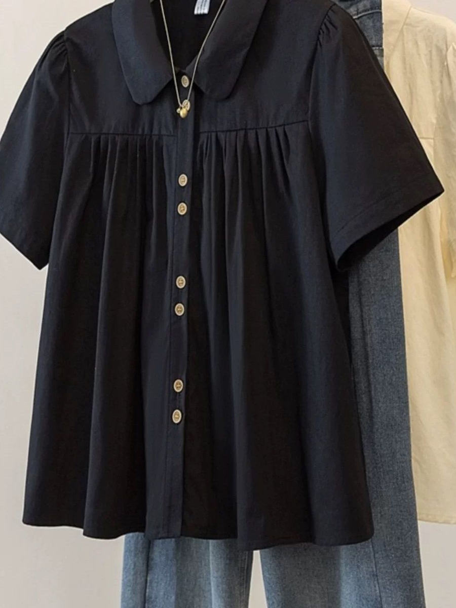 Csa Fena Plus Size de Manga Curta para o Verão, Estilo Slimming que Disfarça o Corpo, Simples e Solta, Gola  em Co...