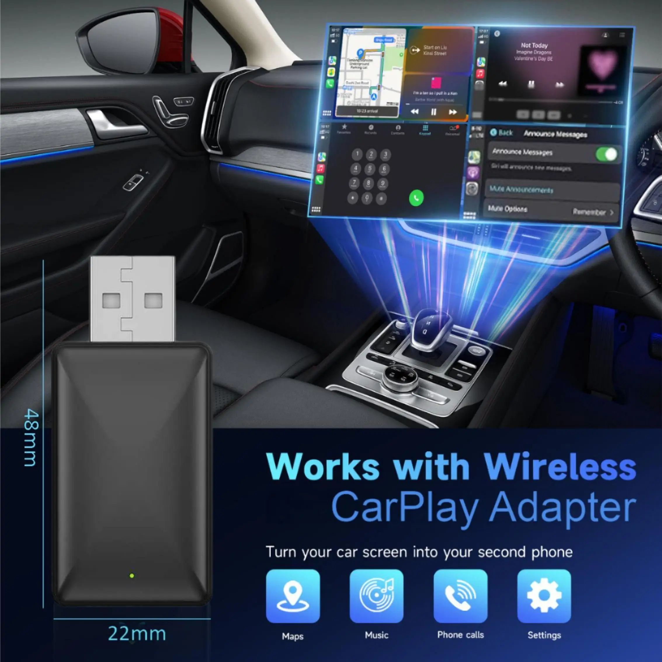2-in-1 draadloze CarPlay & Android Auto-adapter, Plug & Play CarPlay converteert bedraad naar draadloos, snelle automatische verbinding, geen vertraging
