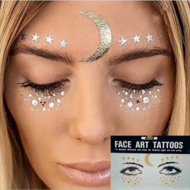 Pegatinas de pecas falsas a prueba de agua para mujer, pegatinas de tatuaje temporal con purpurina dorada, Luna, estrellas, maquillaje facial para fiesta de música