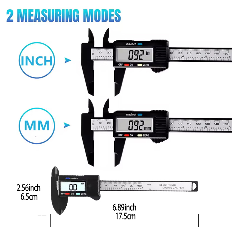 Plastic calipers, digital display calipers. Measurement and design tools, home tools. Battery-powered (battery not included