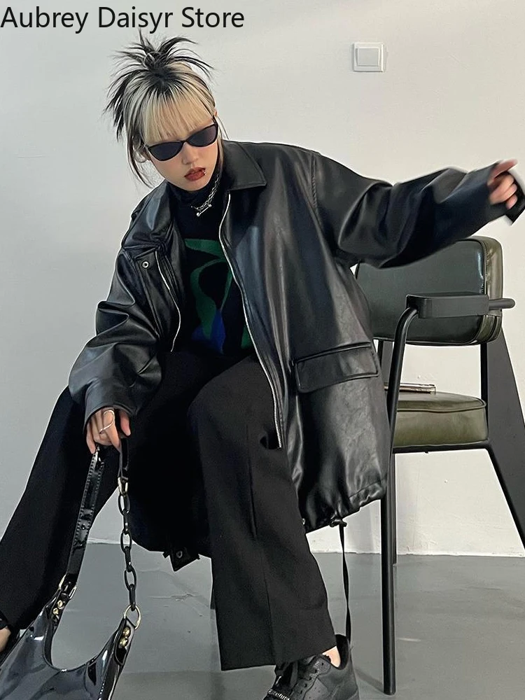 女性用ジッパー付きレザージャケット,ストリートウェア,ブラック,パンク,バイカー,ストリート,ヴィンテージ,カジュアル,2023