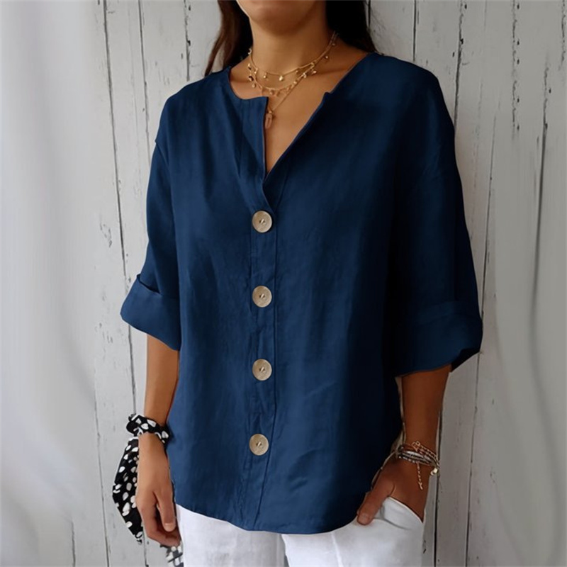 Verão solto camisa feminina com decote em v algodão linho botão superior camisas casuais sólida moda elegante escritório roupas femininas 2025 blusa