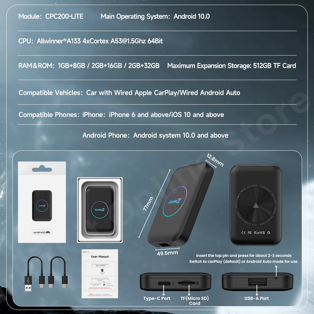 2025 CarlinKit Android 10 Tv Box Lite CarPlay Android auto inalámbrico Adatper para reproductor multimedia de coche Netfilx Youtube IPTV Spotify
