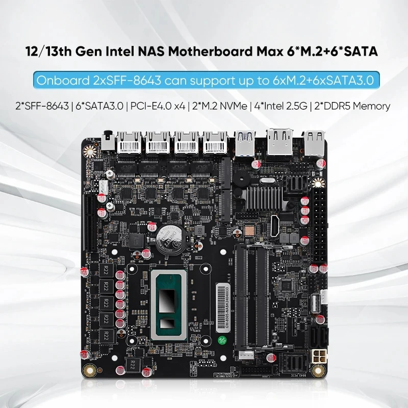 6-Bay NAS Motherboard i5-12450H 8505 Max 6*NVMe 6*SATA3.0 1*PCIEx4 4*Intel i226-V 2.5G 2*DDR5 Firewall Router Mini ITX Mainboard