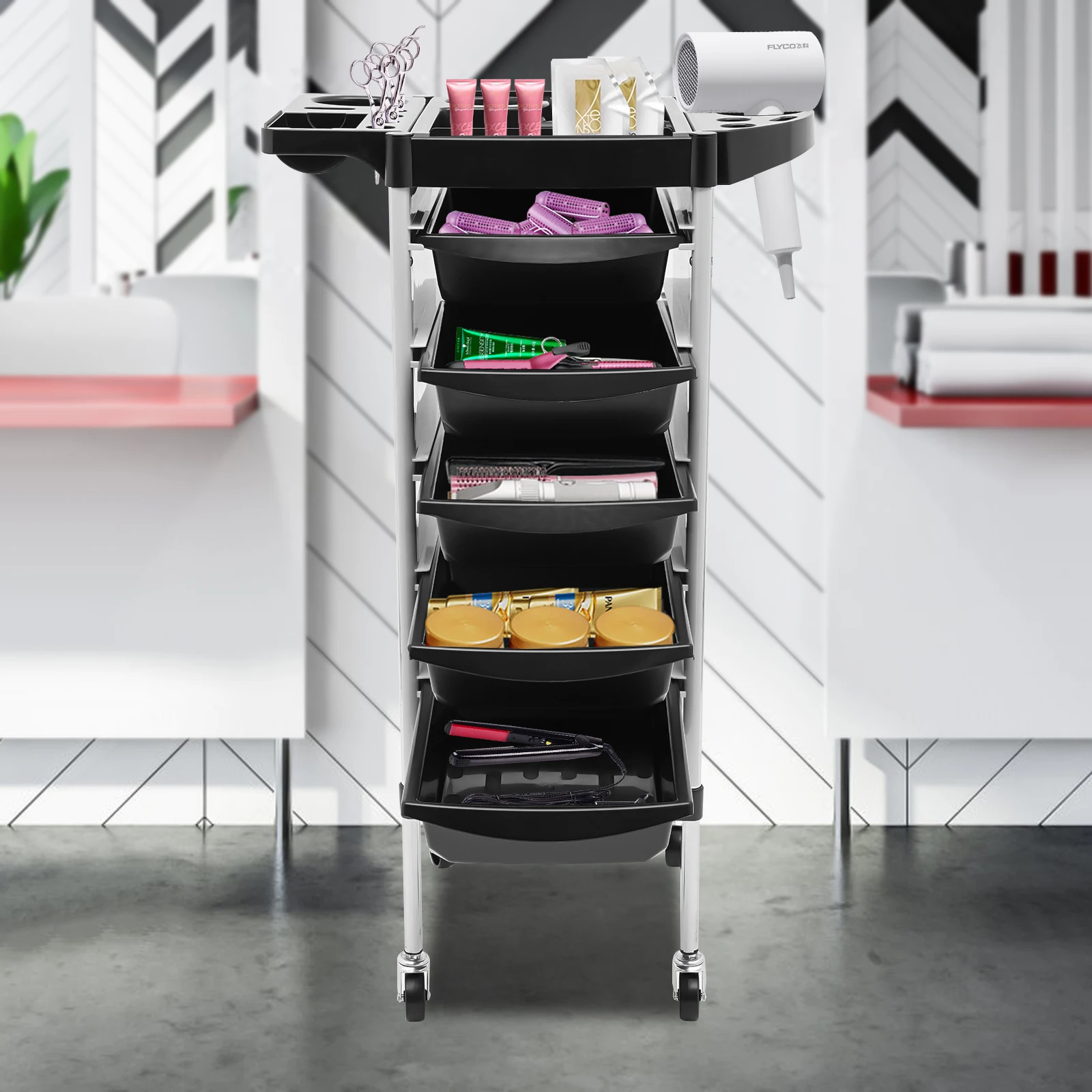 Rack sollevabile per tinture per capelli da salone – Carrello con capacità di 220,5 libbre con 6 ripiani, 5 cassetti per riporre oggetti