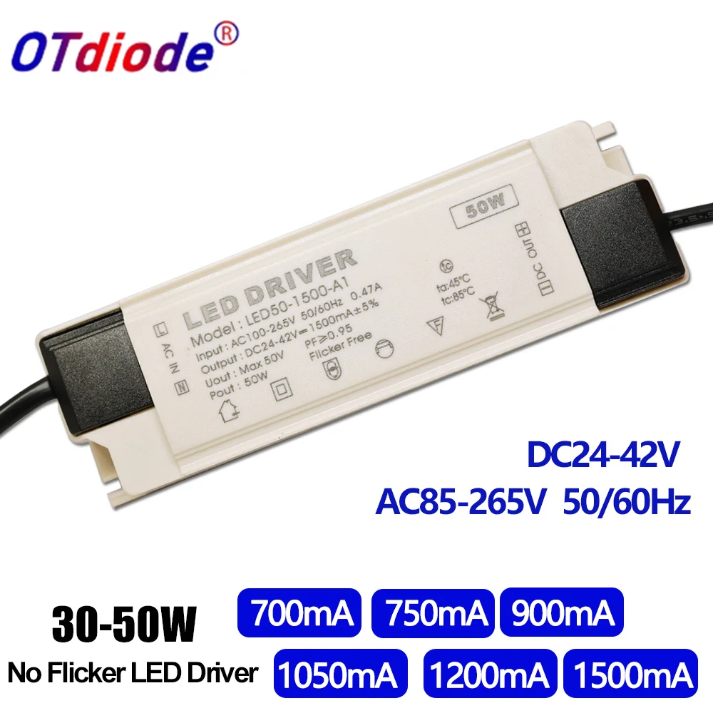 110V 220V 30W 36W 40W 50W Controlador LED DC24-42V 700mA 750mA 900mA 1050mA 1200mA 1500mA Fuente de alimentación sin parpadeo Iluminación externa