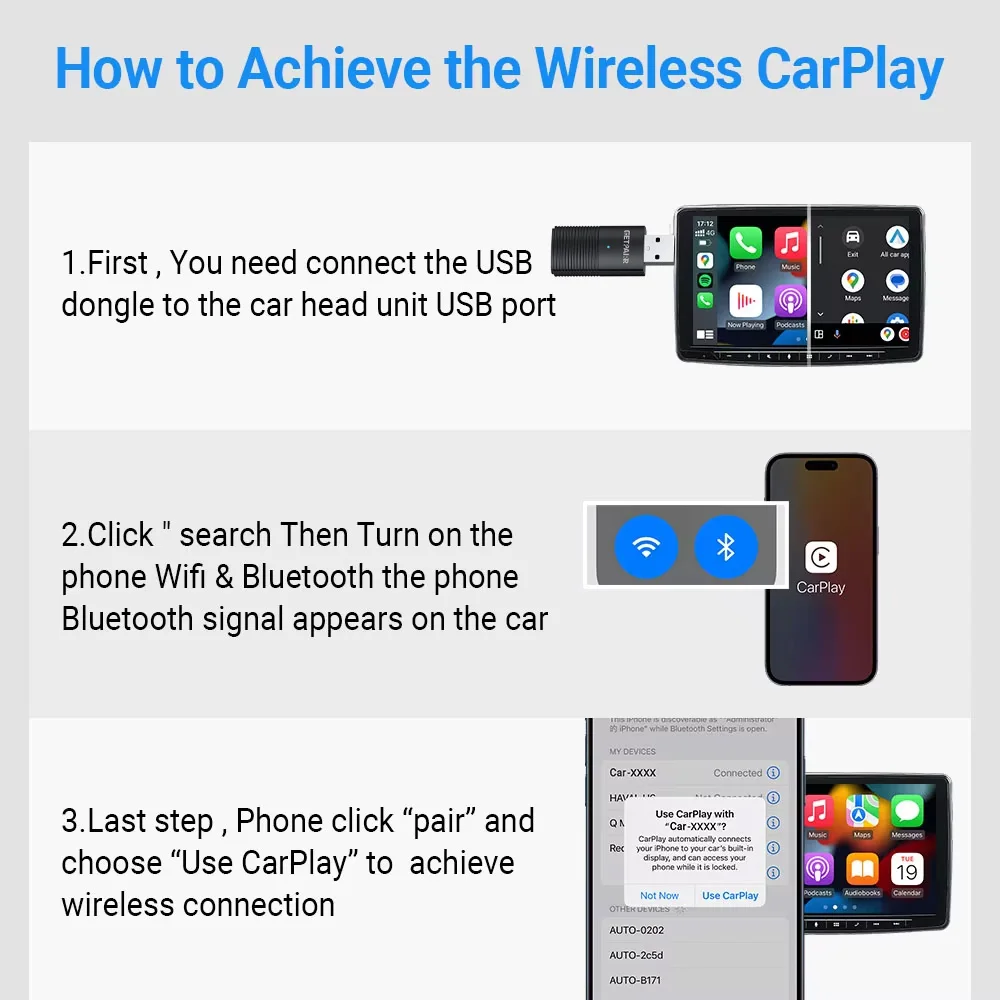 GetPairr Беспроводной CarPlay Dongle Android Auto Мини-адаптер Plug and Play WiFi Быстрое подключение Универсальный для автомобилей с проводным Carplay