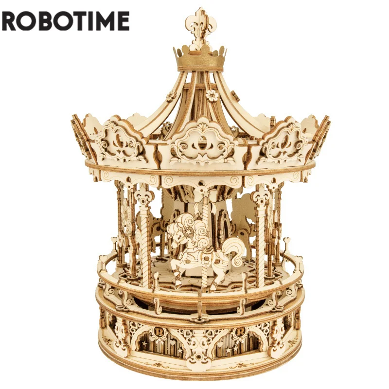 Robotime-rompecabezas 3D de madera para niños y adultos, juego de carrusel giratorio de 336 piezas, regalo romántico, caja de música de ensamblaje AMK62