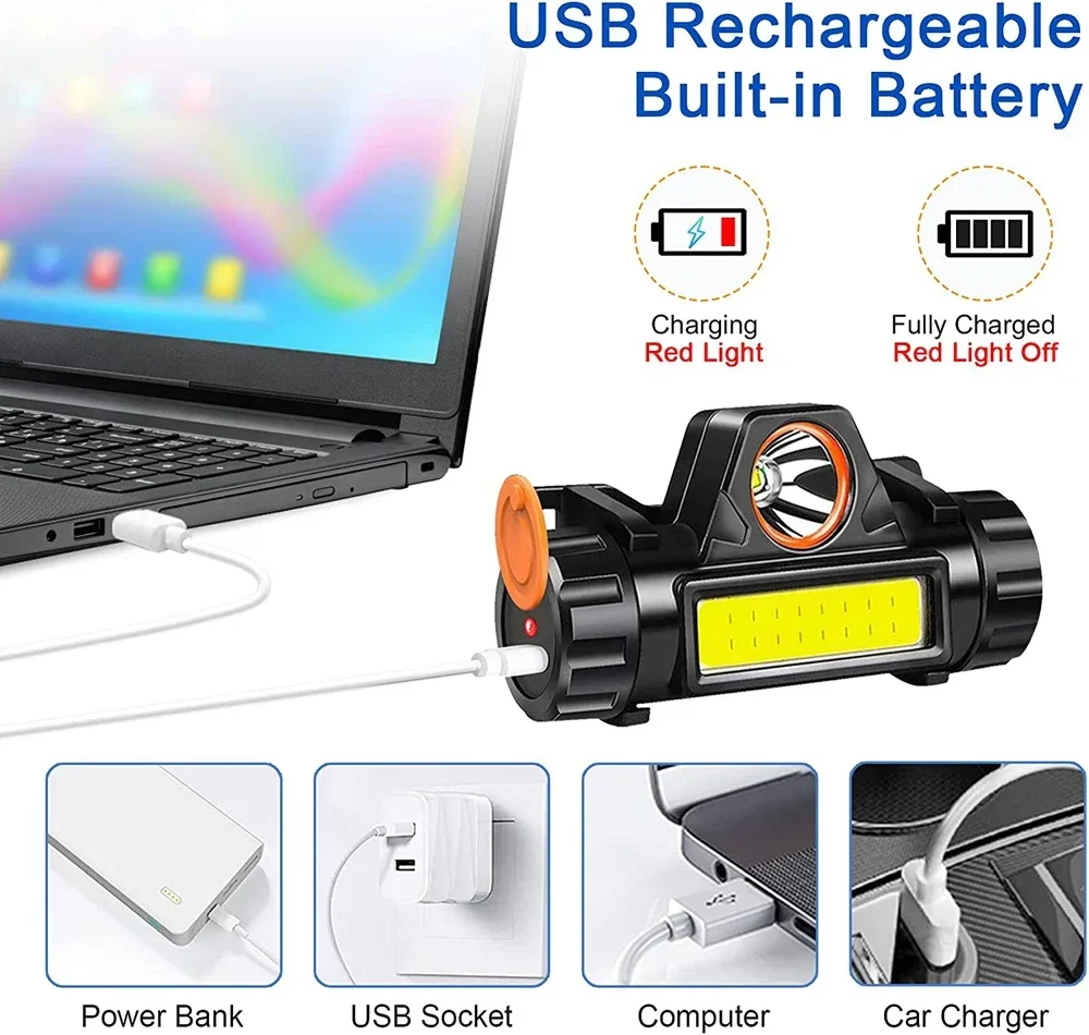 Linterna frontal LED COB recargable por USB, linterna frontal con batería integrada y fuerte linterna magnética para cabeza de pesca y acampada al aire libre